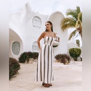 Cream + Brown Striped Midi Dress - VRG GRL - Linen